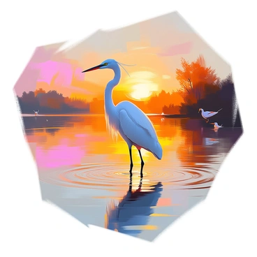 A great egret with white feathers and a long neck is standing gracefully in shallow water. The bird's slender legs are submerged, creating gentle ripples around it. In the background, the sun is setting, casting a warm golden light across the scene and illuminating the sky with shades of orange and pink. The reflection of the egret and the colorful sky is visible on the surface of the water, adding depth to the composition. Birds can be seen in the distance, and the silhouettes of trees frame the horizon, enhancing the tranquil atmosphere.