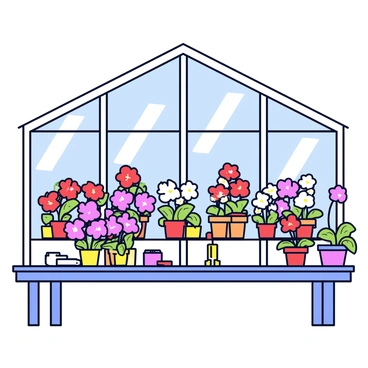 A bright greenhouse with large glass panels allowing sunlight to flood in. Inside, there are various cyclamen cultivars with vibrant colors, including pink, red, and white blossoms. The cyclamen plants are arranged on wooden shelves, each pot displaying unique leaf patterns. The air is filled with the fresh scent of soil and foliage, and small gardening tools are placed nearby on a workbench.