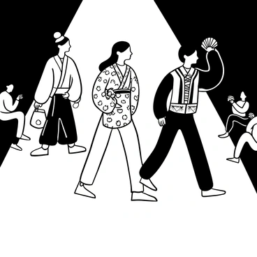 A runway with a polished wooden floor. Multiple models are walking down the runway, each wearing distinct traditional outfits from various cultures. The outfits include a flowing kimono with intricate patterns, a vibrant sari adorned with embroidery, a tailored kilt, and a colorful huipil. Each model carries accessories that represent their culture, such as a decorative fan, a woven bag, and jewelry with cultural significance. A spotlight illuminates the runway, highlighting the textures and details of the fabrics. Spectators are seated on either side, capturing the moment with cameras.