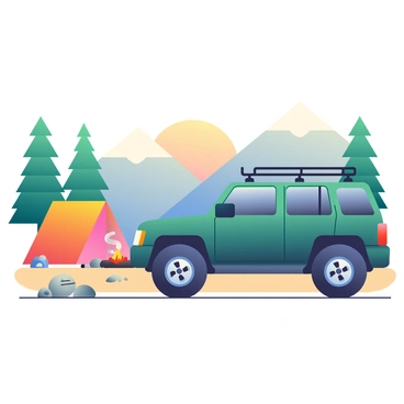 An SUV with a rugged design is parked on a dirt path within a camping scene. The vehicle is a deep green color, showcasing its robust build, with roof racks and off-road tires. Surrounding the SUV are tall pine trees and scattered boulders, indicating a mountainous area. A tent is pitched nearby, with a campfire crackling in front of it, sending up wisps of smoke. A cooler and a stack of firewood are positioned beside the SUV, emphasizing its outdoor features. The scene is brightened by the warm glow of the sunset in the background, casting long shadows on the ground.