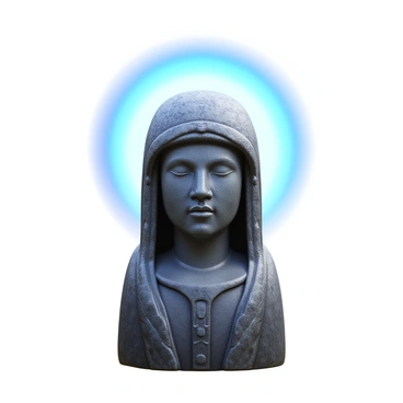 An ancient stone statue depicting a figure with intricate carvings and weathered textures. The statue has a spectral halo surrounding its head, casting a soft, ethereal glow that highlights the details of its facial features and clothing. The halo emits a luminous light in shades of blue and white, contrasting with the dark stone of the statue. The overall composition creates a striking visual effect, emphasizing the statue's mystical presence.