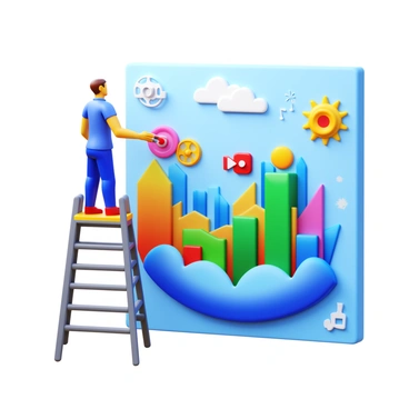 An artist stands on a large scaffolding, carefully painting a vibrant mural on a wall. The mural features an array of symbols representing economic growth, such as stylized graphs and flourishing industries. There are elements that showcase various creative industries, including music notes for the music industry, a film reel for cinema, and a paint palette for visual arts. The artist is focused and using a wide brush to apply bright colors, signifying optimism and creativity. The mural is partially completed, with splashes of color and dynamic shapes suggesting movement and progress.