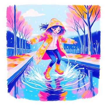 A girl is jumping in puddles on a rainy day. She is wearing a bright and colorful raincoat that features various patterns and designs. Her rain boots are also vibrant and glossy, splashing water as she jumps. Raindrops are falling around her, creating ripples in the puddles. The scene includes a backdrop of gray clouds overhead and a few trees in the distance, their leaves glistening with moisture.