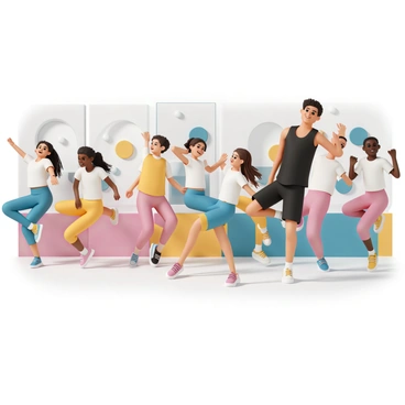 A group of energetic teenagers participating in a youth aerobics class inside a colorful studio. The teenagers are dressed in various brightly colored athletic wear, including tank tops, leggings, and sneakers, showcasing diverse styles. They are actively engaged in aerobic exercises, with some jumping, others stretching, and a few clapping to the rhythm of music. The studio features large mirrors on one wall, reflecting their movements, and vibrant wall decorations in shades of blue, yellow, and pink add to the lively atmosphere. A fitness instructor, wearing a black tank top and matching shorts, leads the class with enthusiasm, encouraging the participants to keep moving.