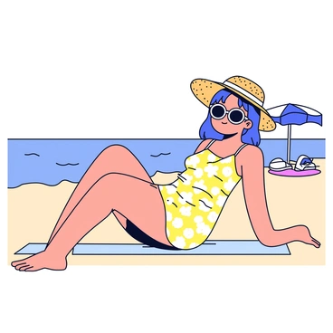 A model lounging on a sandy beach by the ocean. She is wearing a stylish beach resort outfit that includes a light, flowing dress adorned with tropical patterns. The dress has thin straps and a relaxed fit. On her head is a wide-brimmed sunhat made of straw, providing shade from the sun. She has oversized sunglasses that reflect the sunlight. In the background, gentle waves are lapping at the shore, and a few beach towels and a sun umbrella are nearby.