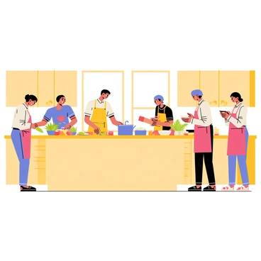 A spacious kitchen with wooden cabinets and a large island in the center. A group of four people, each wearing colorful aprons, are gathered around the island. One person is chopping vegetables while another is stirring a pot on the stove. A third person is reading a recipe from a book and the fourth is measuring ingredients with a cup. Various ingredients are spread across the countertop, including fresh herbs, spices, and bowls. A bright window lets in natural light, illuminating the kitchen and creating a warm atmosphere.