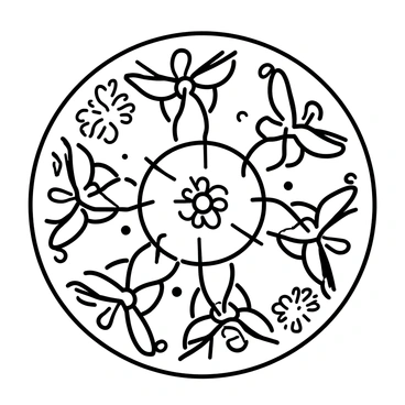 A circular mandala design featuring intricate patterns of cicadas nestled among various floral elements. The cicadas are illustrated with distinct wings and segmented bodies, arranged in a symmetrical layout. Surrounding the cicadas are detailed flowers with petals that radiate outward, each flower boasting different shapes and sizes. The design includes additional small leaves and decorative elements that enhance the overall composition, creating a harmonious blend of nature within the mandala.