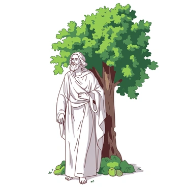 A white stone sculpture of a biblical figure stands majestically beside a tall green fig tree. The figure is depicted in flowing robes, with intricate details on the folds of the fabric. Sunlight filters through the leaves of the fig tree, casting dappled shadows on the ground. The trunk of the fig tree is thick and gnarled, with ripe figs visible among the branches. The setting is tranquil, with a soft breeze rustling the leaves around the sculpture.
