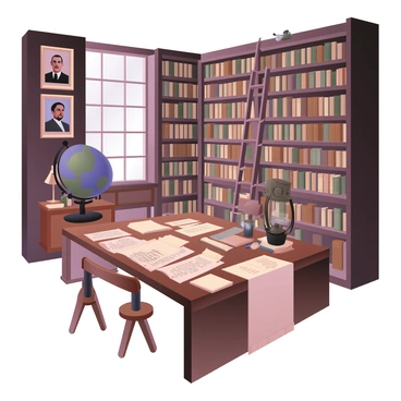 An old-fashioned library room filled with scrolls and books, representing early data collection methods
