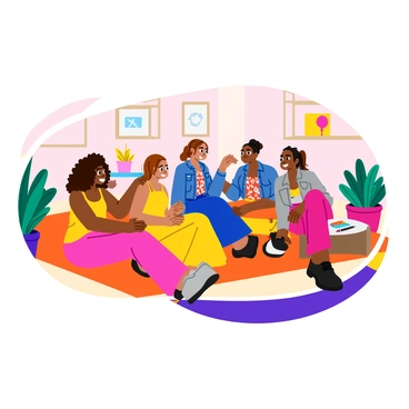 A group of five diverse girls sitting together on a plush, colorful rug in a cozy room. Each girl has a distinct style, showcasing their unique fashion choices. One girl has curly hair and is wearing a bright yellow sundress, while another has straight hair and is dressed in a denim jacket with a floral top. A third girl is sporting a trendy oversized sweater with leggings, and the fourth girl has a chic blouse paired with a stylish skirt. The last girl has braids and is wearing a vibrant jumpsuit. They are engaged in a lively conversation, sharing fashion tips and laughing. The room has soft lighting and is decorated with potted plants, fashionable posters on the wall, and a small coffee table with magazines and accessories scattered on it.