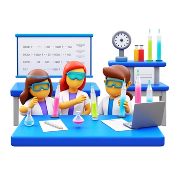 A group of students in a laboratory setting are conducting an experiment with gas-filled syringes on a lab table. The syringes are clear and filled with different colored gases, with some displaying a visible level of liquid inside. The students, wearing safety goggles and lab coats, are carefully measuring the volume of gas in the syringes, with one student using a ruler for precision. Various scientific equipment such as a pressure gauge and a whiteboard covered in formulae related to the combined gas law are visible in the background. Papers, pencils, and a laptop with a graph displaying results are scattered across the table.