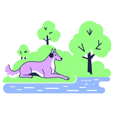 A borzoi is resting peacefully on the bank of a flowing river. The dog has long, slender legs and a flowing coat that lies gently on the grass. The river in front of the borzoi has a gentle current, with ripples visible on the surface. In the background, there are a few trees with lush foliage, and the sunlight filters through the leaves, casting soft shadows on the ground. The scene is tranquil, with a feeling of calmness in the atmosphere.