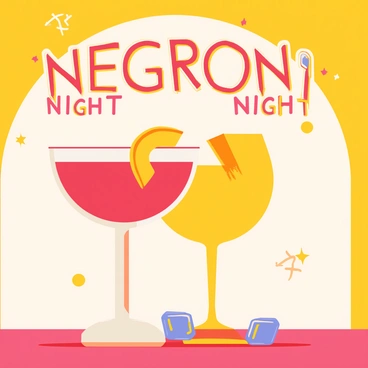 A poster featuring a large, circular glass filled with a vibrant red negroni cocktail, garnished with a twist of orange peel. The glass is placed on a wooden bar counter with a few ice cubes scattered nearby. Above the glass, the words "Negroni Night" are displayed in bold, eye-catching typography. The background is a bright, contrasting color, adding to the retro theme of the poster. Decorative elements like stars or geometric patterns surround the text, enhancing the energetic visual appeal of the advertisement.