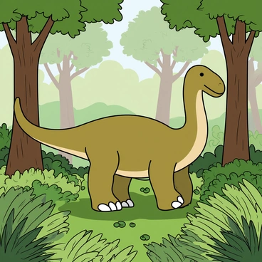 An iguanodon with a greenish-brown body and a distinctive thumb spike is wandering through a lush prehistoric forest. The iguanodon has a slightly curved neck and a large, rounded head with a small beak. Surrounding the dinosaur are tall, leafy trees with broad canopies, casting dappled sunlight onto the forest floor. Soft ferns of various shades of green blanket the ground, creating a vibrant undergrowth. The scene captures the essence of a thriving ecosystem, with engaging details of the foliage and the dinosaur's movement through the dense greenery.