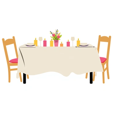 A beautifully set dinner table with an elegant white tablecloth draped across it. The table is adorned with fine china plates, sparkling glassware, and polished silverware arranged symmetrically. There are several glowing candles of varying heights placed in the center, casting a soft light across the table. Surrounding the table are wooden chairs with comfortable cushions. Fresh flowers in a vase add a touch of color to the arrangement. The scene captures a warm and inviting atmosphere, perfect for a cozy dinner gathering.