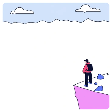 A lone hiker stands at the edge of a steep mountain cliff. The hiker is wearing a bright red jacket and a dark backpack. The cliff drops off into a vast valley covered in dense white fog. The sky above is gray and cloudy. The hiker's posture conveys contemplation as they look out into the mist. A few rocky outcrops are visible on the cliffside, adding texture to the scene.