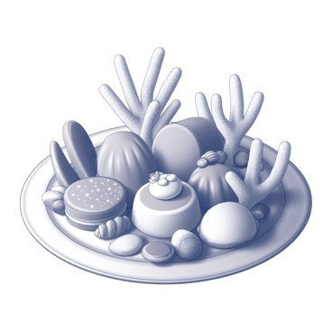 A dessert plate filled with an assortment of delicacies arranged to mimic the natural formations of a coral reef. Various shapes and textures of desserts are displayed, resembling coral structures, with a combination of round, spiky, and branching forms. Small edible decorations, such as chocolate seashells and fruit pieces, are scattered throughout the arrangement to enhance the underwater theme. The plate itself is circular and has an elegant rim, providing a stark contrast to the colorful desserts within.