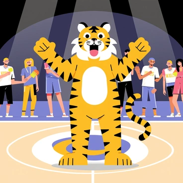 A dynamic tiger mascot with vibrant orange fur and black stripes stands prominently at the center of a basketball court. The mascot has a wide smile and raised arms, encouraging the crowd to cheer along. Behind the mascot, excited fans wave colorful pom-poms and wear team jerseys, creating an atmosphere of enthusiasm. The basketball court is marked with a large logo in the center, and bright arena lights shine down, illuminating the energetic scene.