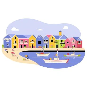 A quaint seaside village, featuring a row of colorful houses with brightly painted facades in shades of blue, yellow, and pink. The houses are nestled closely together, with flower boxes filled with vibrant flowers under each window. In the harbor, several boats bob gently on the water, each painted in cheerful colors with sails unfurled. The scene includes a clear blue sky above, with a few fluffy white clouds drifting lazily. The sandy shore extends in the foreground, dotted with small beach umbrellas and people enjoying the sun.