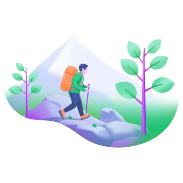 A hiker with a bright orange backpack is ascending a rocky mountain trail. The hiker is wearing a green jacket and sturdy hiking boots. Flanking the trail are simple linear trees with light green leaves, standing tall against a soft pastel sky. In the background, a gentle slope rises towards a peak, partially shrouded in mist. The hiker's path is lined with small rocks and patches of grass, adding texture to the scene.