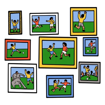 A wall filled with multiple framed photos highlighting "Maradona's greatest football moments." Each frame contains images of Maradona in action, showcasing his iconic dribbling skills, powerful shots, and celebratory gestures. The frames vary in size and style, some with ornate detailing and others with a sleek modern look. The photos capture different angles of Maradona on the field, including moments from games where he scored remarkable goals and assisted teammates. Each image exhibits the passion and energy of the sport, with a focus on Maradona's expressions and movements. The background of the wall is a simple, soft color that enhances the vividness of the photos.
