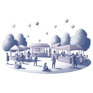 A lively spring festival taking place on Pratt's campus. The scene includes various stalls with colorful awnings, each displaying different items and snacks. Students are gathered around the stalls, chatting and enjoying the offerings. Balloons of different shapes and sizes are floating above the festivities, adding to the cheerful atmosphere. Some students are participating in games, while others are sitting on the grass, laughing and sharing food. Trees surround the area, providing patches of shade and enhancing the vibrant setting.