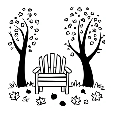 An Adirondack chair surrounded by vibrant autumn leaves in a peaceful park.