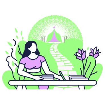 A person is sitting at a wooden table in a peaceful garden setting while signing up for a yoga retreat. The person has long hair and is wearing comfortable yoga attire. There are lush green plants surrounding the table, and colorful flowers are in full bloom nearby. A small stack of brochures about the retreat is placed on the table beside a green pen. In the background, a stone pathway winds through the garden, leading to a serene yoga pavilion. Sunlight filters through the leaves, creating a dappled light effect on the ground.