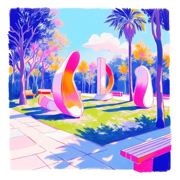 A public space features several modernist sculptures characterized by smooth curves and a minimalist aesthetic. The sculptures are arranged on a grassy area, surrounded by clean pathways. Each sculpture has a distinct shape, creating an interesting visual dialogue. Tall trees provide a natural backdrop, casting dappled shadows on the ground. Benches are placed nearby, inviting visitors to sit and admire the sculptures. Bright sunlight illuminates the scene, highlighting the curves of the sculptures.