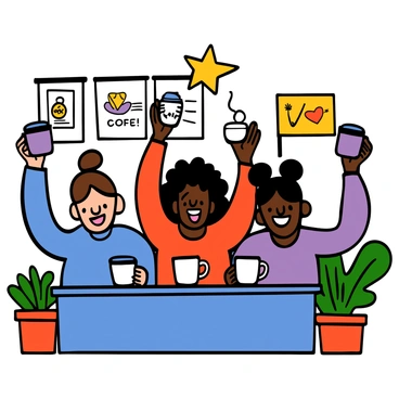 A group of three colleagues with varied skin tones and hairstyles are gathered in a brightly decorated office. One colleague has light skin and short brown hair, wearing a blue shirt, while another has medium skin and curly black hair, donning a red top. The third colleague has dark skin and braids, dressed in a purple blouse. They are all laughing and cheering, raising their cups of coffee in celebration. The office is adorned with colorful posters and plants, creating a vibrant atmosphere of camaraderie and joy.