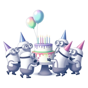 Several Minions are gathered around a large birthday cake that features multiple layers and colorful icing. The cake is decorated with candles, and there are vibrant balloons floating above. The Minions are wearing party hats, with some clapping their hands in excitement while others are reaching out towards the cake. The scene captures a festive atmosphere filled with joy and celebration.