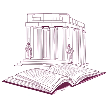 An ancient Greek temple is depicted with tall white columns and intricate statues. The temple is partially emerging from an opened book positioned at the foreground. The pages of the book are spread wide, and the text is visible, blending harmoniously with the structure. The temple's statues, showcasing detailed carvings, are placed at the forefront of the columns, with some statues appearing to step out from the book. The scene conveys a sense of history and knowledge, with the temple towering impressively above the book’s pages.