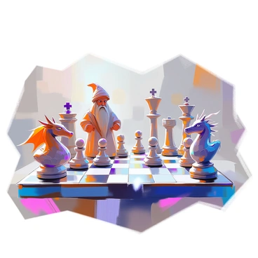 A fantasy-themed chessboard set in a mystical environment. The chessboard is richly detailed, with alternating squares of deep blue and shimmering silver. Each chess piece is uniquely designed: the pawns are represented by small wizards in flowing robes, holding miniature staffs, while the knights are fierce dragons with outstretched wings, poised for action. The rooks are tall towers adorned with magical symbols, and the bishops are elegant figures dressed in ornate wizard attire, casting spells. The king is a majestic wizard with a long beard and a glowing crystal ball, while the queen is a powerful dragon with intricate scales and piercing eyes. The scene is vibrant and dynamic, reflecting the epic nature of the game being played.