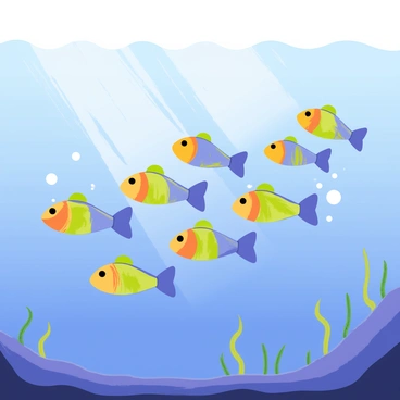 A school of colorful fish swimming in a perfect V formation. Each fish has vibrant scales, with hues of blue, orange, and yellow reflecting light as they move. Bubbles trail behind them, creating a sense of motion in the water. The background shows a gradient of deep blue water with soft waves and light rays penetrating from above. Seaweed sways gently at the bottom, adding depth to the underwater scene.