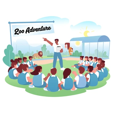 A group of children is gathered in a small circle on a grassy area within a zoo. The children are wearing colorful t-shirts and backpacks, attentively facing their teacher, who stands in the center holding a clipboard and pointing towards a nearby enclosure. In the background, various animal enclosures are visible, including a giraffe and a lion. The sun is shining brightly, casting soft shadows on the ground, and the atmosphere is lively with excitement. A large banner with the words "Zoo Adventure" is hanging nearby.