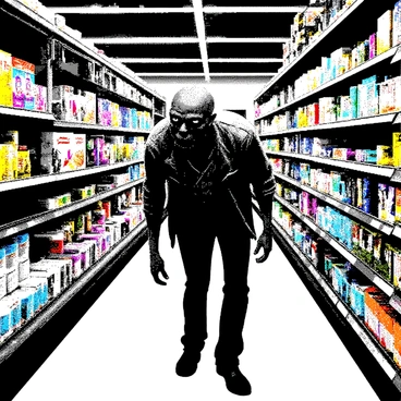 A zombie is standing in a brightly lit supermarket aisle, with a disheveled appearance and tattered clothing. Its skin is a mottled shade of gray, and it has sunken eyes that appear glassy. The zombie is hunched over, scanning the shelves with a look of confusion on its face. The aisle is stocked with various cereal boxes, some vibrant and colorful, while others are simple and plain. In the background, there are tall shelves filled with other grocery items, including snacks and beverages. The fluorescent lights above cast a harsh glow on the scene, creating stark shadows on the floor.