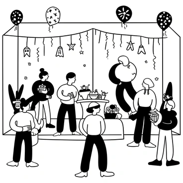 A room filled with unusual decorations, including hanging paper lanterns shaped like bizarre creatures and vibrant streamers in various patterns. Eccentric guests are mingling, each wearing distinctive costumes, such as a person dressed as a giant fruit and another in a whimsical animal outfit. A table laden with quirky snacks and drinks is positioned to one side, with a punch bowl shaped like a skull. Balloons shaped like stars float around the ceiling, adding to the playful, chaotic atmosphere.