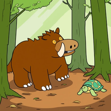 The Gruffalo, a large, mythical creature with brown fur, prominent tusks, and a spiky back, is standing amidst tall green trees in a vibrant forest. Its big, orange eyes are focused on a small turtle making its slow journey across the rich, brown forest floor covered in fallen leaves and twigs. The turtle has a light green shell with dark green patterns, and its tiny legs are moving carefully. Sunlight filters through the branches above, casting playful shadows on the scene. The Gruffalo appears curious and intrigued, observing the turtle's deliberate pace with a slight tilt of its head.