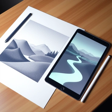 A hand-drawn illustration of a serene landscape is placed on a wooden table. The scene includes rolling hills with a small river flowing through it and a cluster of trees in the background. Next to the illustration, a digital tablet displays a glowing outline of the same landscape, indicating the enhancement process. A stylus is resting beside the tablet, suggesting the action of editing. The setting is well-lit, emphasizing the contrast between the traditional drawing and the modern technology used for enhancement.