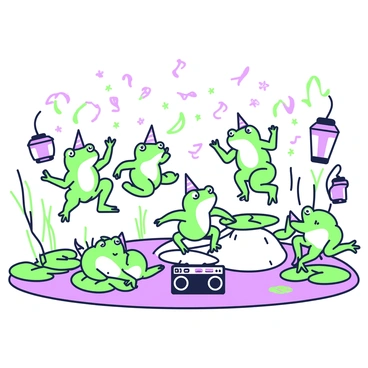 A group of frogs is gathered by a pond, celebrating with excitement. They are dancing on lily pads, some wearing tiny party hats. All around them, colorful lanterns hang from nearby reeds, illuminating the scene with their glowing shapes. A small boombox rests on a rock, playing lively music. The frogs are jumping in rhythm, and a few are holding green and purple streamers, adding to the festive atmosphere. In the background, fireflies dance in the air, enhancing the celebratory mood.