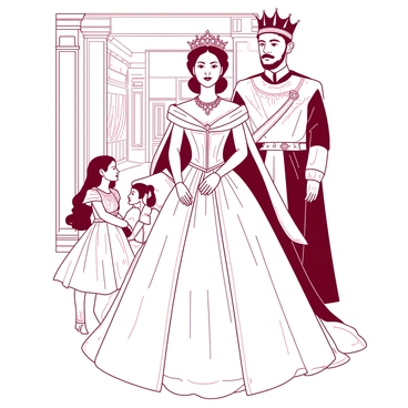 A royal family portrait features a queen standing proudly at the center. She is wearing an elegant gown in rich fabric, adorned with intricate patterns. Around her neck, she wears a dazzling collier that sparkles with numerous gemstones. To her left, a king in royal attire stands with a regal expression, wearing an ornate crown. On her right, a young prince and princess are positioned, both dressed in lavish clothing, looking up at their mother with admiration. Behind them, a grand backdrop suggests a palace interior with opulent details.