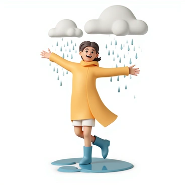 A figure, wearing a bright yellow raincoat and blue rain boots, is joyfully dancing in the rain. The arms are wide open, embracing the falling raindrops. The figure has a big smile on their face, with hair slicked back and droplets glistening as they move. Puddles reflect the vibrant surroundings, and a backdrop of gray clouds hints at a recent downpour, creating an atmosphere of celebration and freedom.
