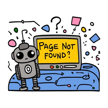 A small robot looking confused in a digital landscape with a 'Page Not Found' message