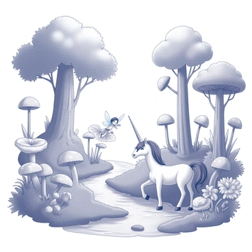 A woodland scene filled with various trees, showcasing lush foliage and intricate bark textures. The ground is covered with an assortment of mushrooms and large, detailed flowers with distinct shapes and patterns. In the scene, mythical creatures such as a small, winged fairy with delicate features and a playful expression can be seen perched on a flower. Nearby, a unicorn with a spiraled horn stands beside a gently flowing stream, which reflects the surrounding nature. The water has smooth ripples and pebbles visible beneath its surface.