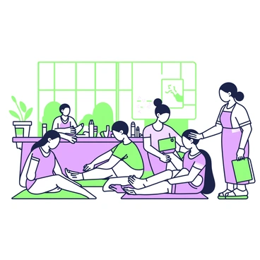 A classroom setting filled with students practicing foot reflexology techniques on each other. In the center, several students are sitting on mats, focusing on each other's feet. Some students are using their hands to apply pressure on specific points of the feet, while others are taking notes on small notepads beside them. The teacher stands nearby, demonstrating a technique, pointing to a chart on the wall that outlines foot reflexology zones. The room has large windows allowing natural light to fill the space, and a few plants are placed around to enhance the atmosphere. Desks lined against the walls hold various reflexology tools and foot care products.