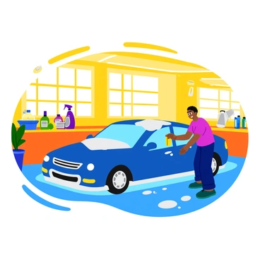 A bright, sunny garage filled with light streaming in through large windows. In the center, a person is actively washing a shiny blue car using a sponge and soap. The car is partly covered in suds, and droplets of water glisten as they fall. Nearby, there are various bottles of car cleaning supplies neatly arranged on a workbench, along with a bucket filled with soapy water. The garage walls are painted in a warm tone, enhancing the cheerful atmosphere.