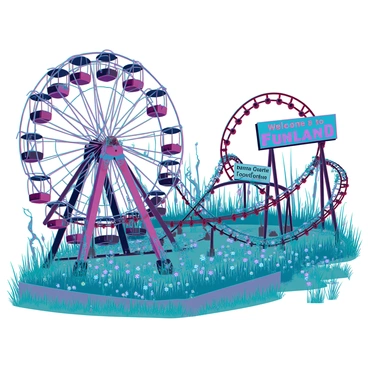 A wide view of an old, deserted amusement park with dilapidated rides sitting in disrepair. The Ferris wheel is rusty, with peeling paint and several seats missing. The roller coaster has twisted tracks, partially covered in vines and overgrown weeds. Tall, wild grasses and colorful wildflowers have taken over the pathways, creating a natural carpet around the structures. In the background, a faded sign reads "Welcome to Funland," partially obscured by creeping plants. The sky is overcast, casting a gloomy light over the scene, emphasizing the eerie stillness of the abandoned park.