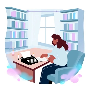 Mary Shelley in a cozy writing nook filled with books, candles, and a typewriter.