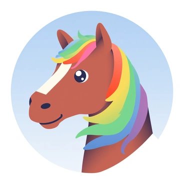 A close-up of a horse's head with a shiny coat and expressive eyes is centrally positioned in the image. Its mane flows gracefully, displaying vibrant rainbow colors, including red, orange, yellow, green, blue, and violet, blending seamlessly into one another. The horse's ears are perked up, capturing the attention of the viewer. In the background, there is a clear blue sky, providing a bright and airy atmosphere that emphasizes the vivid colors of the mane.
