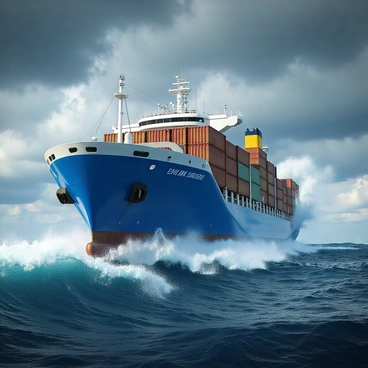 A large cargo ship, painted in bright blue and white colors, is navigating through tumultuous seas. The ship's hull is sturdy and detailed, showing signs of wear from the challenging environment. Towering waves, frothy and white at the crests, crash dramatically against the side of the ship. The sky is overcast with dark storm clouds, adding to the intensity of the scene. Water sprays off the waves, creating a dynamic, chaotic atmosphere around the ship as it battles the elements. The ship's deck and containers can be seen, filled with cargo, emphasizing its role as a freight carrier amidst the storm.